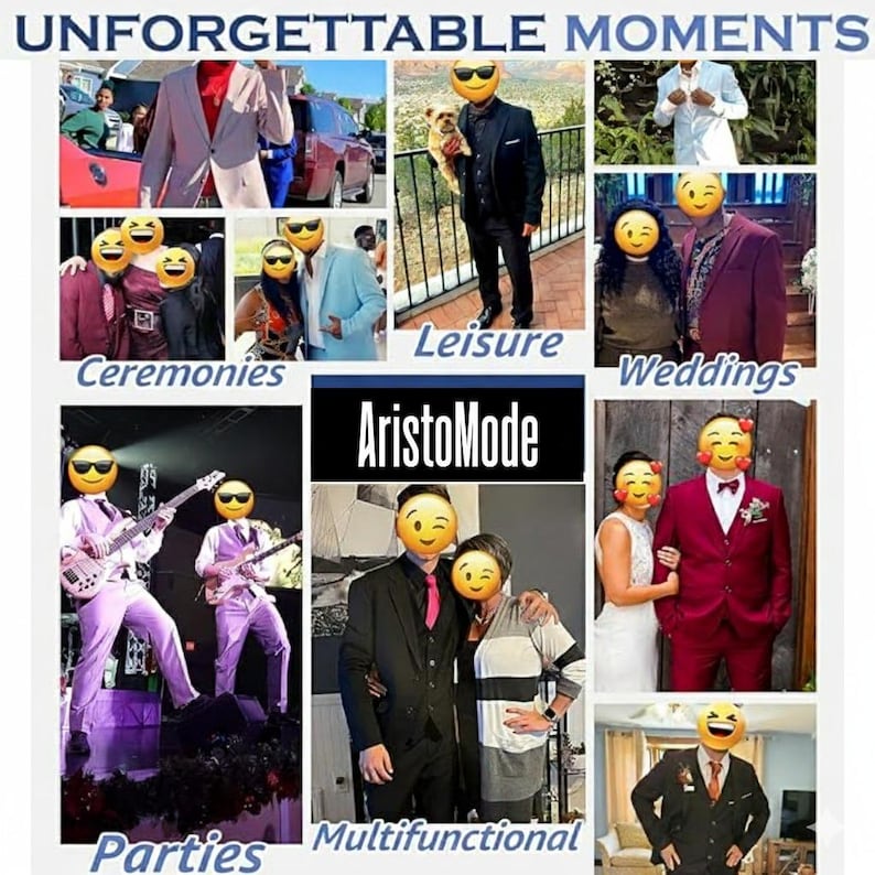 May include: A collection of images depicting different events, featuring people in suits and formal attire. Text overlays read "Ceremonies," "Leisure," "Weddings," "Parties," and "Multifunctional." The brand name "AristoMode" is displayed prominently in the centre.