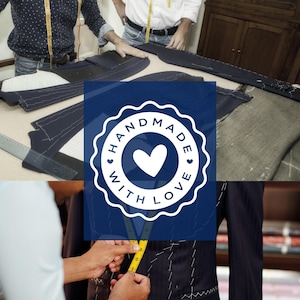 May include: A tailor's workshop scene featuring the text "HANDMADE WITH LOVE" in a white and blue emblem. Tailors are working with fabric, using measuring tapes and patterns. The image conveys craftsmanship and attention to detail.
