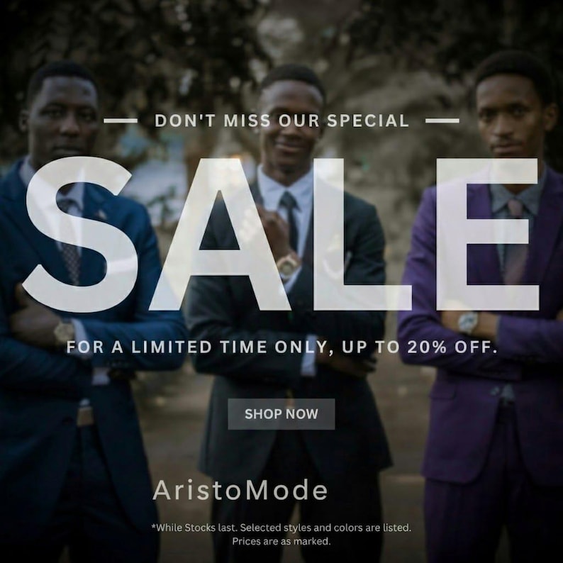 May include: An advert showing three men in suits, with the word "SALE" in large white letters. The text "DON'T MISS OUR SPECIAL" and "FOR A LIMITED TIME ONLY, UP TO 20% OFF" are also visible. The brand name "AristoMode" is displayed.