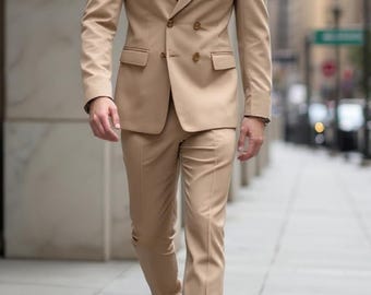 Men's Beige Double-Breasted Suit | Tailored 2-Piece Formal Wear,  Premium Suit for Men