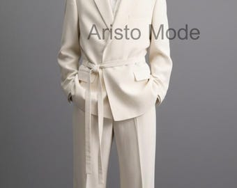 Men’s Ivory Belted Suit | Modern Minimalist Suit Set | Off White Tailored Blazer & Pants | Custom Wedding Suit | Handmade Menswear