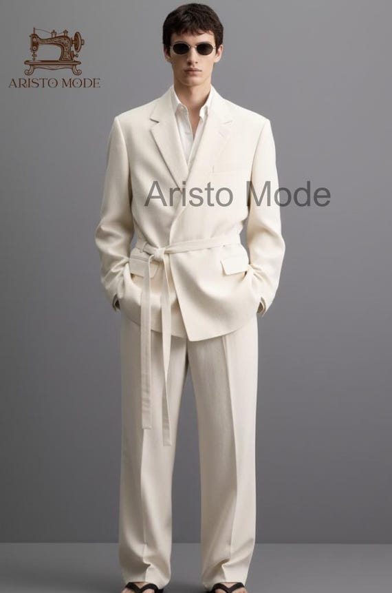 Men’s Ivory Belted Suit | Modern Minimalist Suit Set | Off White Tailored Blazer & Pants | Custom Wedding Suit | Handmade Menswear