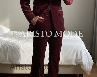 Men’s Burgundy Velvet Suit, 70s Style Flare Pants Suit, Retro Vintage Wedding Suit, Velvet Blazer & Bell Bottom Trousers, Disco Outfit
