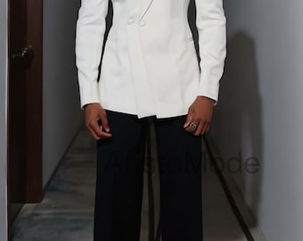 Vintage 70s Flared Suit | White & Black Double-Breasted Blazer with Flared Pants | Retro Disco Suit for Men | Wide Lapel Groom Wedding Suit