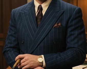 Vintage Navy Blue Pinstripe Double-Breasted Wool Suit | Custom Tailored | 1930s–40s Hollywood Style