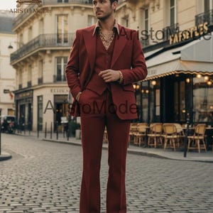 Burgundy Men’s 3 Piece Suit | 70s Vintage Inspired Tailored Suit | Flared Pants | Custom Made Suit | AristoMode