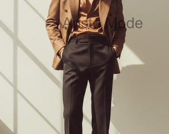 Men’s Camel Double Breasted Blazer & Dark Brown Flared Trousers | 1970s Vintage Suit | Old Money Menswear | Luxury Handmade Custom Outfit