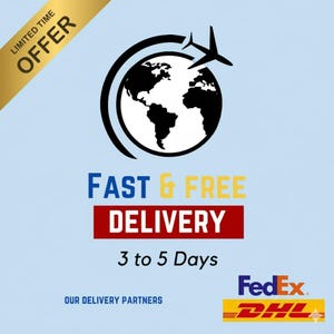 May include: A light blue graphic with the words "FAST & FREE DELIVERY" in blue and yellow, and "3 to 5 Days" in white. A globe with a plane icon and the text "LIMITED TIME OFFER" is also present.