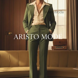 Vintage 70s Olive Green Flared Suit | Retro Wide Lapel 2-Piece