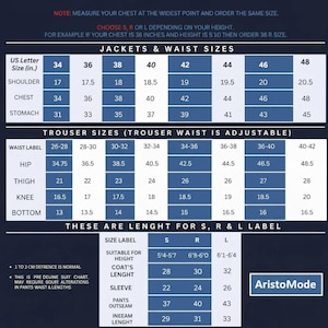 May include: A size chart for jackets and trousers, with measurements in inches. Includes jacket sizes from 34 to 48, and waist sizes from 26-28 to 40-42. Also shows sleeve and inseam lengths. The brand name "AristoMode" is visible.