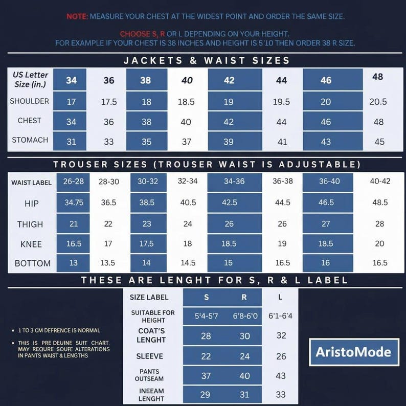 May include: A size chart for jackets and trousers, with measurements in inches. Includes jacket sizes from 34 to 48, and waist sizes from 26-28 to 40-42. Also shows sleeve and inseam lengths. The brand name "AristoMode" is visible.