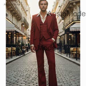 Vintage 70s Burnt Red Men’s 3 Piece Suit |  1970s Retro Fashion Tailored Suit | Flared Pants | Custom Made Suit | AristoMode