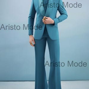 Teal Blue Vintage 70s Flared Suit Men's | Satin Shawl Lapel Tuxedo | Custom Tailored Retro Formal Suit