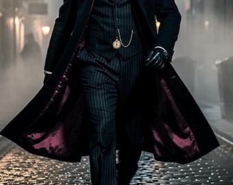 Abito gessato da uomo in 3 pezzi in stile Peaky Blinders - Costume mafioso vintage anni '20 - Cappotto su misura