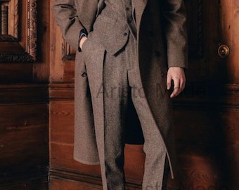 1920s Peaky Blinders Brown Tweed Wool Suit | Handmade Vintage Overcoat Set | Mens Retro Gangster Style Gatsby Suit Gift