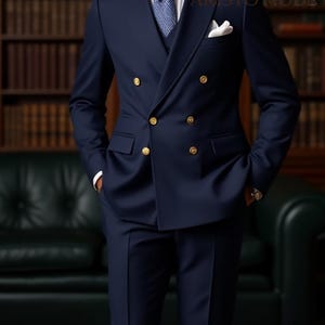 May include: A navy blue double-breasted suit with gold buttons. The suit includes a waistcoat, a white dress shirt, and a patterned tie. A white pocket square is in the chest pocket. The suit is from Aristo Mode.