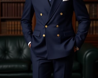 Men's Navy Double-Breasted Suit | Aristo Mode Tailored Ensemble, Custom Men’s Suit