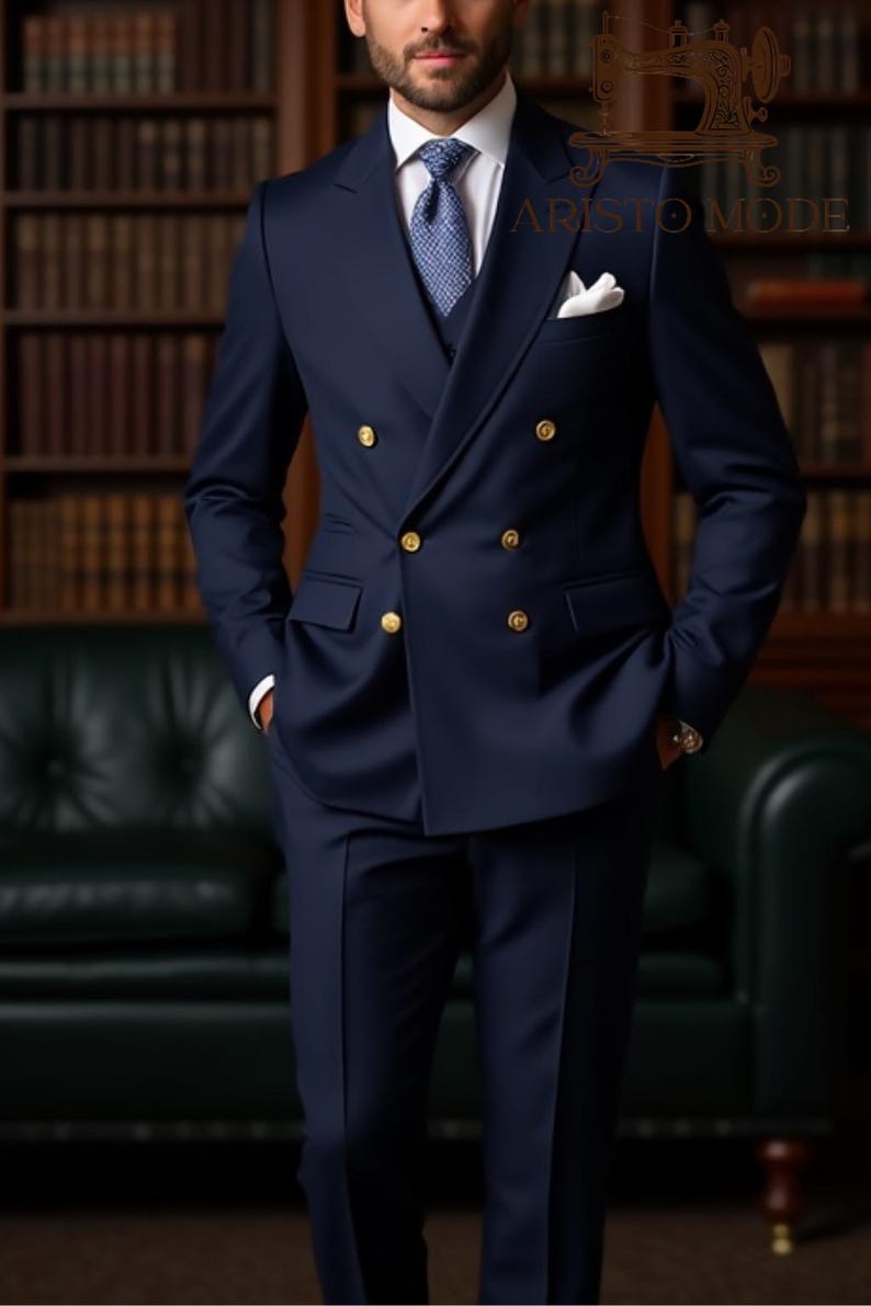 May include: A navy blue double-breasted suit with gold buttons. The suit includes a waistcoat, a white dress shirt, and a patterned tie. A white pocket square is in the chest pocket. The suit is from Aristo Mode.