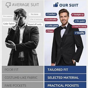 May include: Side-by-side comparison of an average suit versus a tailored suit. The average suit is shown on the left, with issues like poor fit and thin material. The tailored suit on the right highlights comfort, quality, and value. Text reads "MY'S, TRUSTED BY MILLIONS."