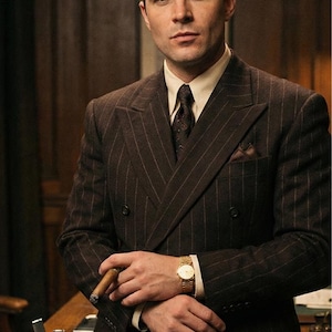 Vintage Dark Brown Pinstripe Double-Breasted Wool Suit | Custom Tailored | 1930s–40s Hollywood Style