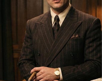 Vintage Dark Brown Pinstripe Double-Breasted Wool Suit | Custom Tailored | 1930s–40s Hollywood Style