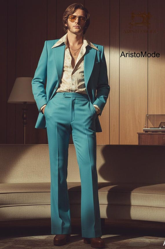 Vintage 70s Flared Suit Men's | Burnt Aqua-Blue Wide Lapel Retro Suit | Disco Groovy Style Bell Bottom Suit