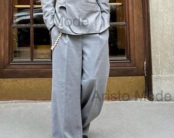 Vintage 70s Light Grey Flared  Double-Breasted Suit | Wide Lapel Blazer, 70s Bell Bottom Trouser,  Two-Piece Custom Suit For Men