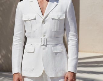 White Linen Safari Suit for Men | Custom Tailored Wedding Set