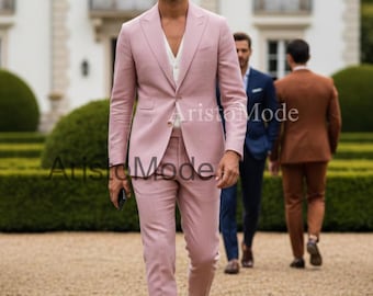 Blush Pink Men’s Suit | Luxury Tailored Wedding Suit for Men | Summer Linen Look Blazer & Trousers | AristoMode