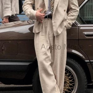 Vintage 70s Cream Flared  Double-Breasted Suit | Wide Lapel Blazer, Two-Piece Custom Suit For Men