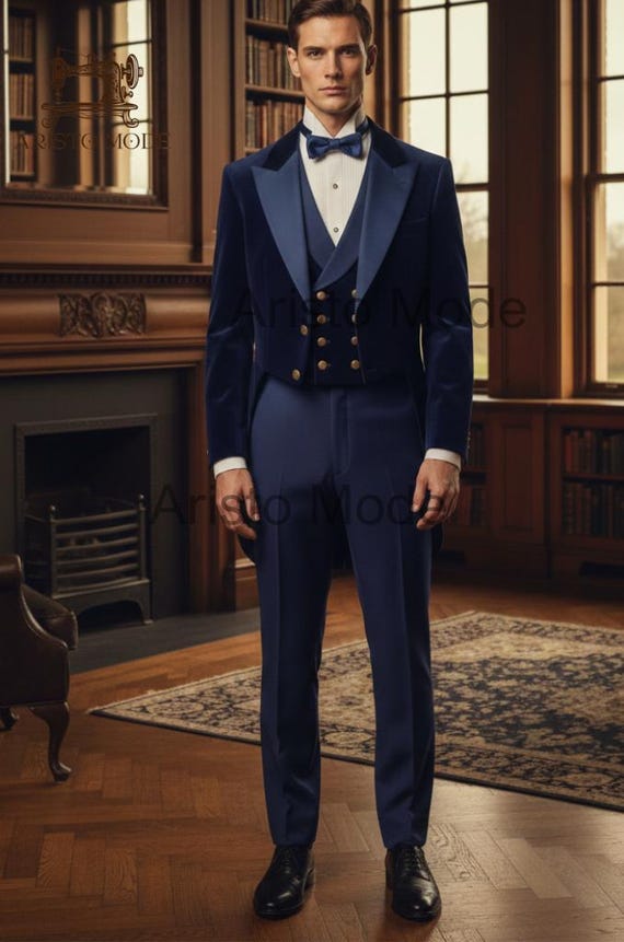 Navy Blue Victorian Tailcoat Suit for Men | Edwardian Formal Tuxedo | Vintage Wedding Groom Suit Custom Made