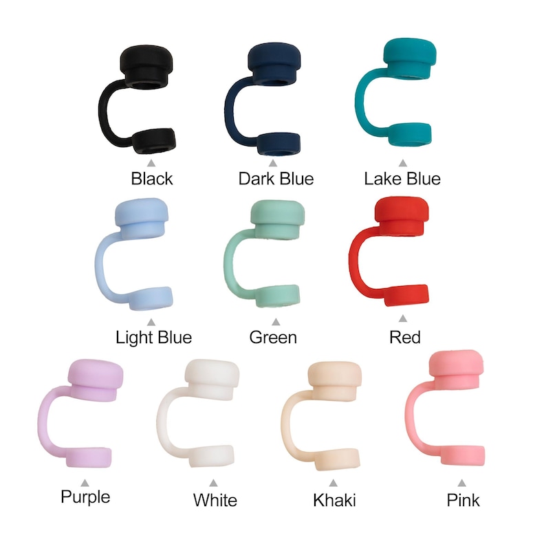 May include: A collection of colorful silicone straw toppers in various shades, including black, dark blue, lake blue, light blue, green, red, purple, white, khaki, and pink. Each topper has a rounded top and a curved, open-ended design.