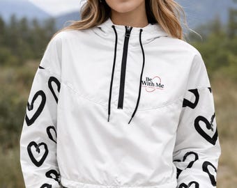 Sudadera cortavientos con capucha para mujer, chaqueta de viaje con mangas de corazón en blanco y negro