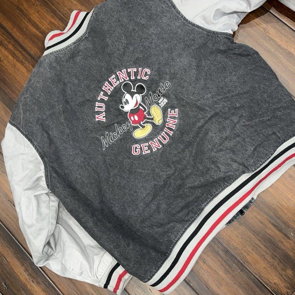 Mickey Mouse Denim Varsity Jacket - Vintage 90s Disney Store Sz L Mickey & Co.