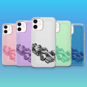 May include: A collection of phone cases in various colors, each featuring a detailed black and white illustration of a race car. The cases are in pink, purple, white, green, and blue, showcasing a sleek design.