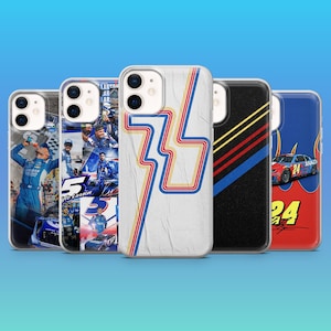 May include: A collection of five phone cases with various designs. One case features a large number 76 in red, yellow, and blue. Other cases display racing car imagery and driver photos. The cases are for a smartphone.