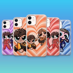 May include: A collection of phone cases featuring cartoon illustrations of characters in racing suits. The cases have a clear background with colorful heart-shaped patterns. The characters are in various poses and outfits, with the text "DRX" visible.