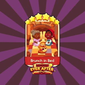 May include: A Monopoly Ever After game card featuring two cartoon characters in bed with a basket of food. The card reads "Brunch in Bed" and has a star rating. The background is purple with radial stripes.