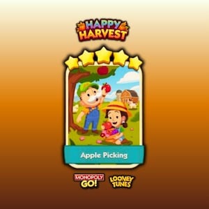 May include: A rectangular game card titled Apple Picking featuring a cartoon farmer with a white mustache and a person in a straw hat harvesting red apples into a basket. The card displays five yellow stars, the Happy Harvest logo, and Monopoly Go.