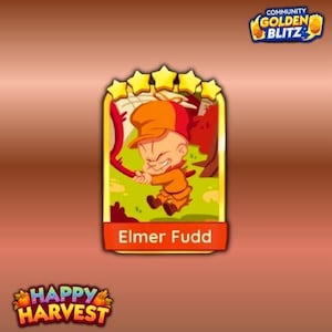 May include: A rectangular digital trading card featuring a cartoon illustration of Elmer Fudd wearing an orange hat and outfit, holding a red net. The card has five yellow stars at the top, the text Elmer Fudd, and a Community Golden Blitz logo.