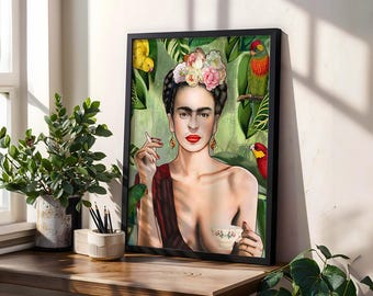 Lienzo con retrato tropical inspirado en Frida – Arte mural moderno y atrevido – Pintura colorida de ícono feminista (Descarga digital)