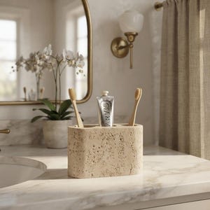 Travertine Toothbrush Holder, Stone Bathroom Organizer, Beige Minimalist Vanity Decor, Modern Toothpaste Holder, Luxury Bathroom Accessories