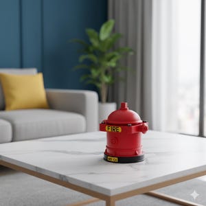May include: A red fire hydrant model with the word "FIRE" on a yellow label. The model is on a white marble-patterned coffee table. The background includes a gray sofa with a yellow pillow, a green plant, and a window.