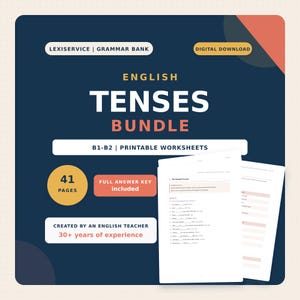 Puede incluir: Un paquete digital de tiempos verbales en inglés con 41 páginas de ejercicios imprimibles de nivel B1-B2 y clave de respuestas. La portada azul oscuro muestra el texto Lexiservice Grammar Bank, English Tenses Bundle y Created by an English Teacher.