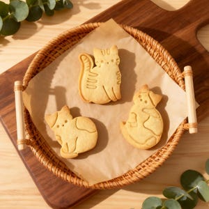 May include: Three cat-shaped biscuits rest on parchment paper inside a woven basket. The biscuits are light brown with etched details, and the basket sits on a wooden board. The arrangement is playful and appealing.