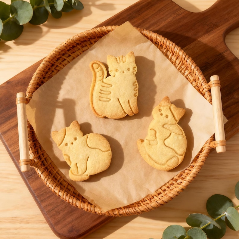 May include: Three cat-shaped biscuits rest on parchment paper inside a woven basket. The biscuits are light brown with etched details, and the basket sits on a wooden board. The arrangement is playful and appealing.