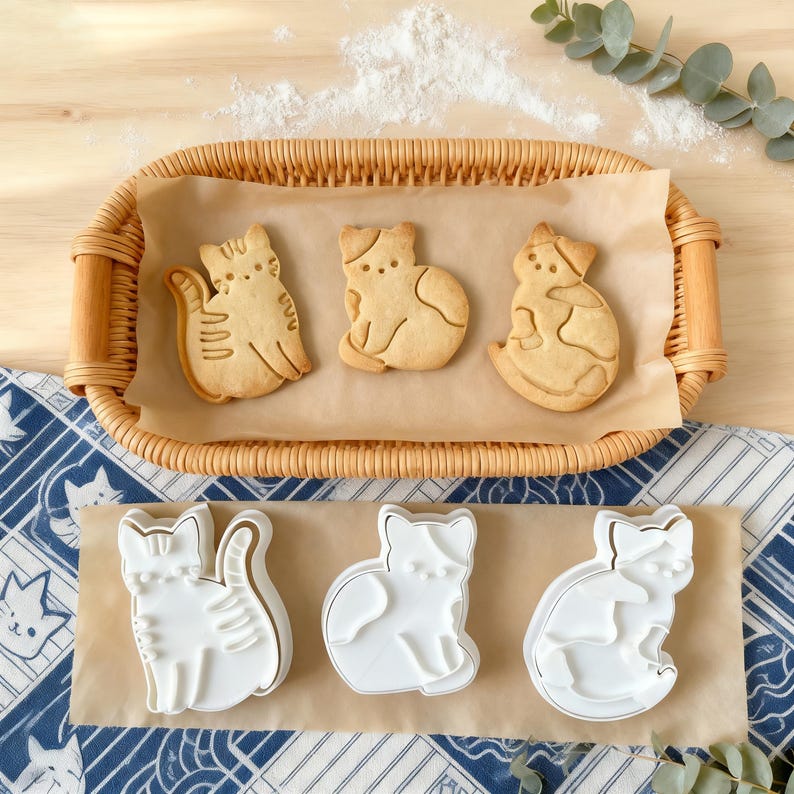 May include: Three cat-shaped biscuits in a wicker basket on baking paper. The biscuits are light brown with detailed markings. Below, three white cat-shaped cookie cutters sit on baking paper, with gold-coloured outlines. The background includes a blue and white patterned cloth.