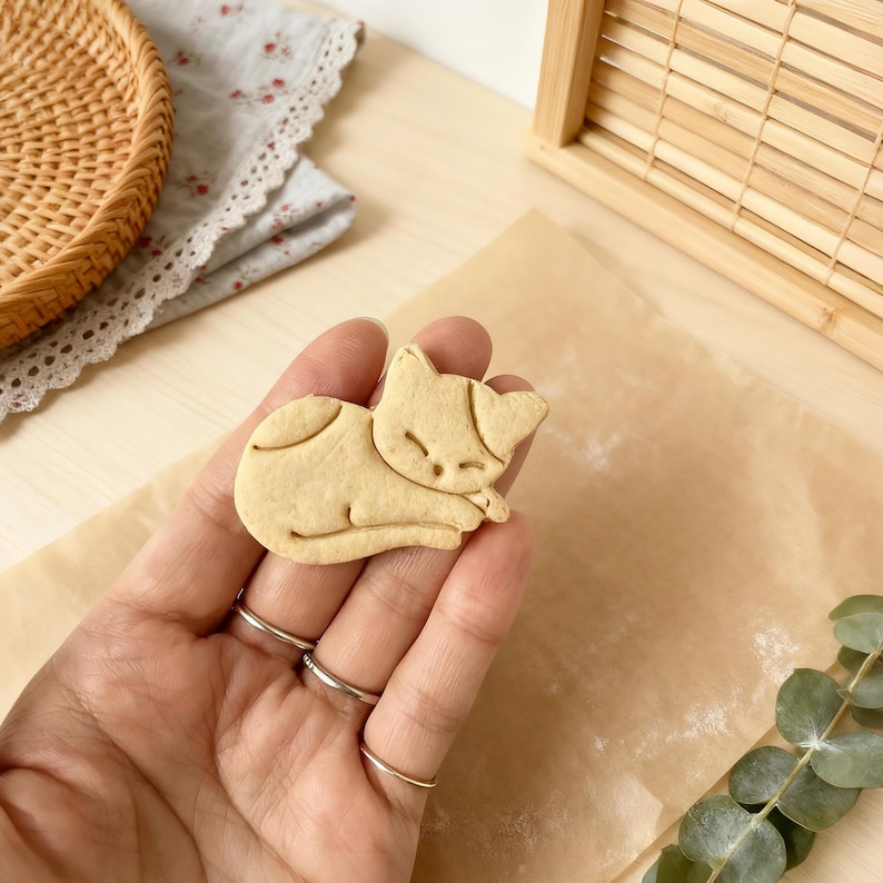 May include: A light brown cat-shaped biscuit in a sleeping pose. The biscuit has a simple design with etched details and is held in a hand. The background includes a wooden surface and a decorative basket.