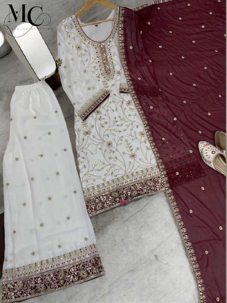 Pakistani Designer White Salwar Kameez With Dupatta For Women, Wedding Sharara Suits , Pakistani Sharara Suits,Indian Outfit image 5