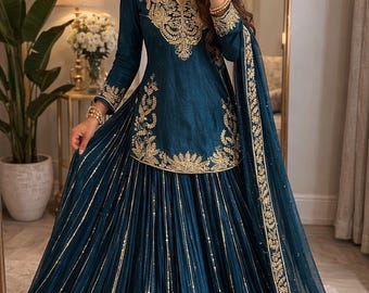 Pakistani Teal Blue Kurta Lehenga Salwar Suit for Women Wedding Suit , Kurta Lehenga Set 3pc Readymade,Salwar Kameez with Dupatta, plus size